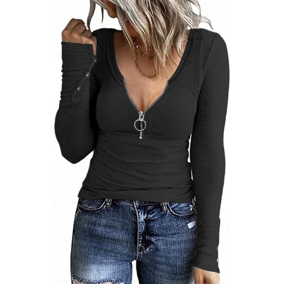OUNAYA Women's V Neck Henley Long Sleeve T Shirts Black Front Zipper Tops - Picture 1 of 3